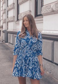Robe à motif paisley bleu et blanc avec une taille cintrée, des manches longues et une jupe évasée. Texture de tissu lisse, design jusqu'aux genoux.