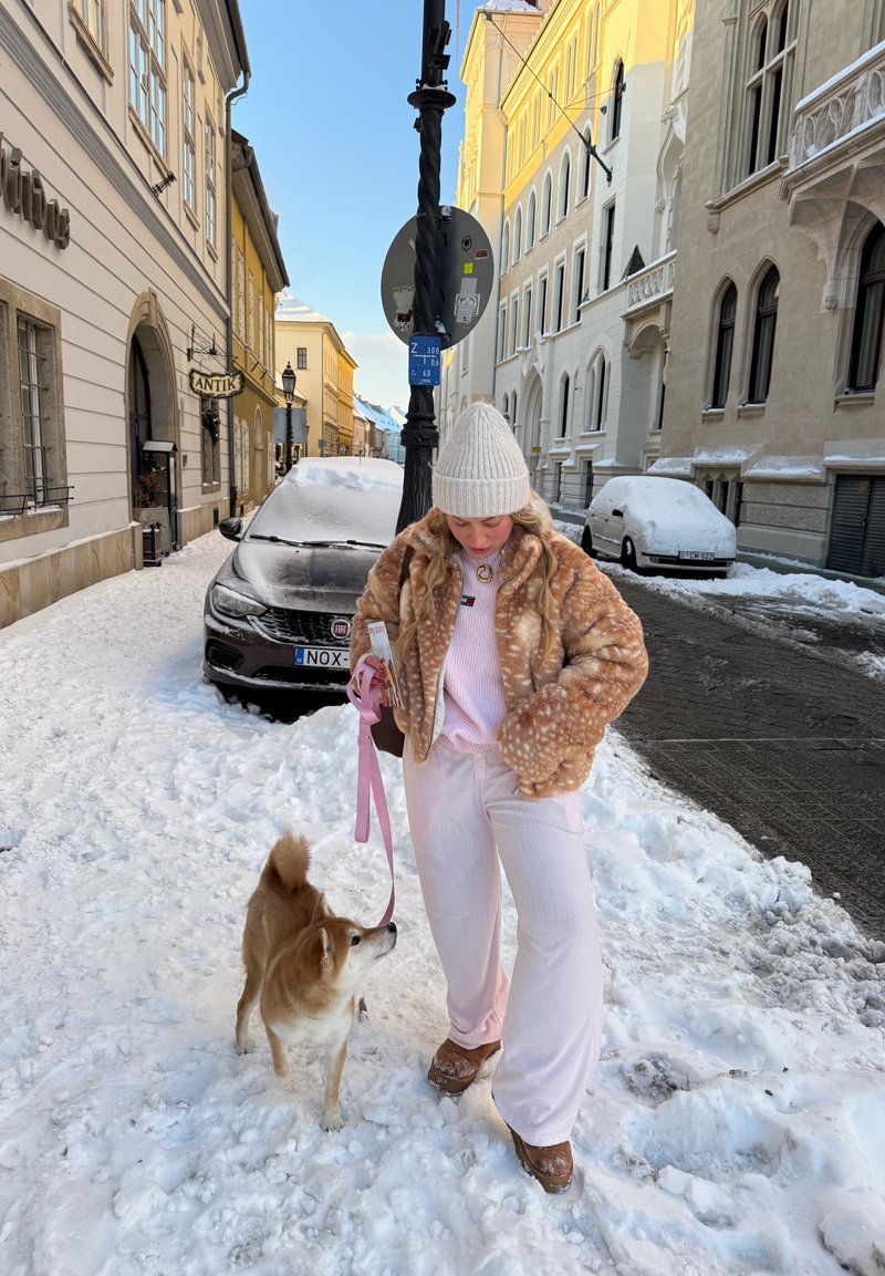 Femme en vêtements d'hiver promenant un petit chien dans une rue enneigée avec des voitures stationnées et des bâtiments historiques dans un cadre urbain.