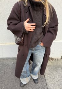 Personne portant un manteau marron foncé et un pull, jean bleu clair retroussé, chaussures noires, tenant un sac à main tressé marron, debout sur le trottoir.