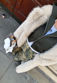 Manteau en fausse fourrure blanche avec un sweat à capuche sans manches vert, pantalon camouflage et plusieurs sacs. Comprend des accents métalliques et des textures variées.