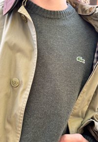 Osoba w szarej swetrze z dzianiny z małym zielonym logo krokodyla oraz beżowym trenczu częściowo rozpiętym.