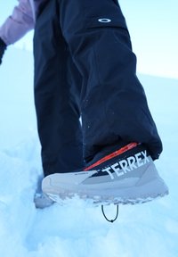 Light grey TERREX footwear with black accents and prominent white branding, designed for snowy conditions, features a textured sole and lacing.