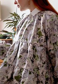 Kleita ar ziedu rakstu gaiši pelēkā, zaļā un violetā tonī. Ar savākto korseti un pilnām piedurknēm, apkaklīte kakla izgriezumā.