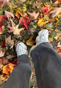 Lyseblå sneakers med meshdetaljer, kombinert med frynsete grå jeans, stående på et fargerikt teppe av fallne høstblader.