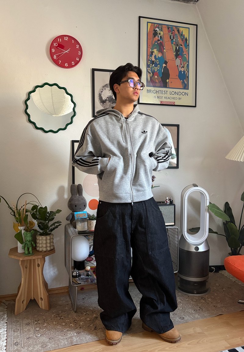 Jeune personne portant un sweat à capuche Adidas gris et un pantalon large noir, debout dans une pièce décorée avec des plantes, des œuvres murales et un purificateur d'air moderne.