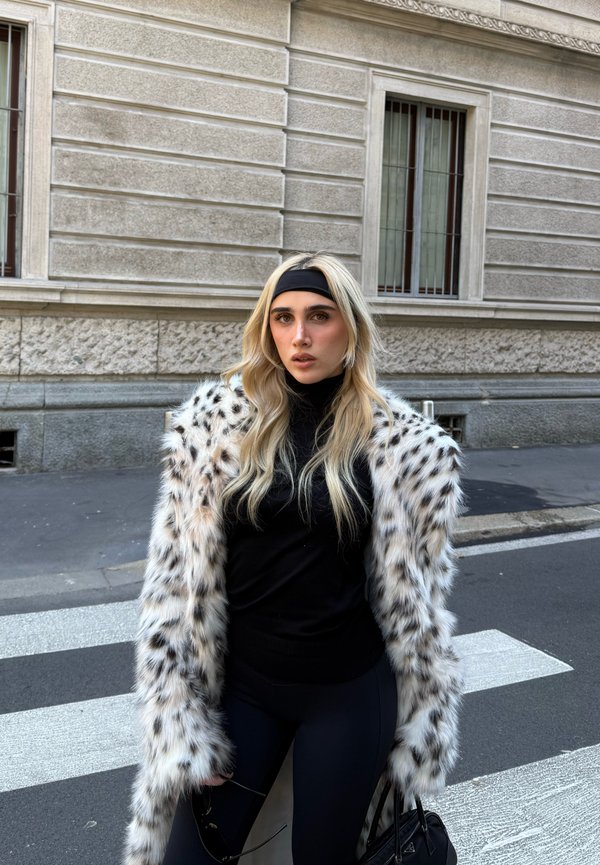 Leopard print faux fur coat with black turtleneck and leggings. Black headband and handbag. Urban street with crosswalk lines in background.