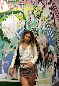 Vit zip-up jacka med dekorativ sömnad, lager-på-lager över en ljus topp. Brun läderkort kjol med bälte och kedjeaccentuerade detaljer. Färgglad graffiti-bakgrund.