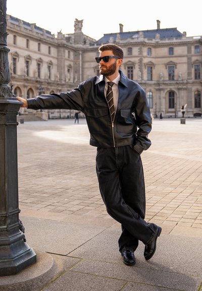 Hombre con chaqueta de cuero negra, corbata a rayas, gafas de sol y pantalones oscuros apoyado en un farol en un patio histórico.
