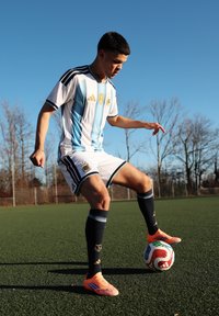 Un joueur de football portant le maillot de l'Argentine contrôle un ballon sur un terrain vert avec des arbres sans feuilles et un ciel bleu clair en arrière-plan.