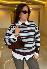 Pull rayé en bleu clair, marron et blanc, superposé à une chemise blanche à col. Sac à main en daim marron de forme triangulaire avec poignée.