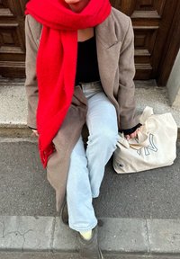 Καφέ μάλλινο παλτό, κόκκινο κασκόλ, μαύρη μπλούζα, ανοιχτό μπλε τζιν, γκρίζες ανακοίτες, μπεζ τσάντα με μπλε γράμματα. Καθισμένη σε πέτρινες σκάλες.