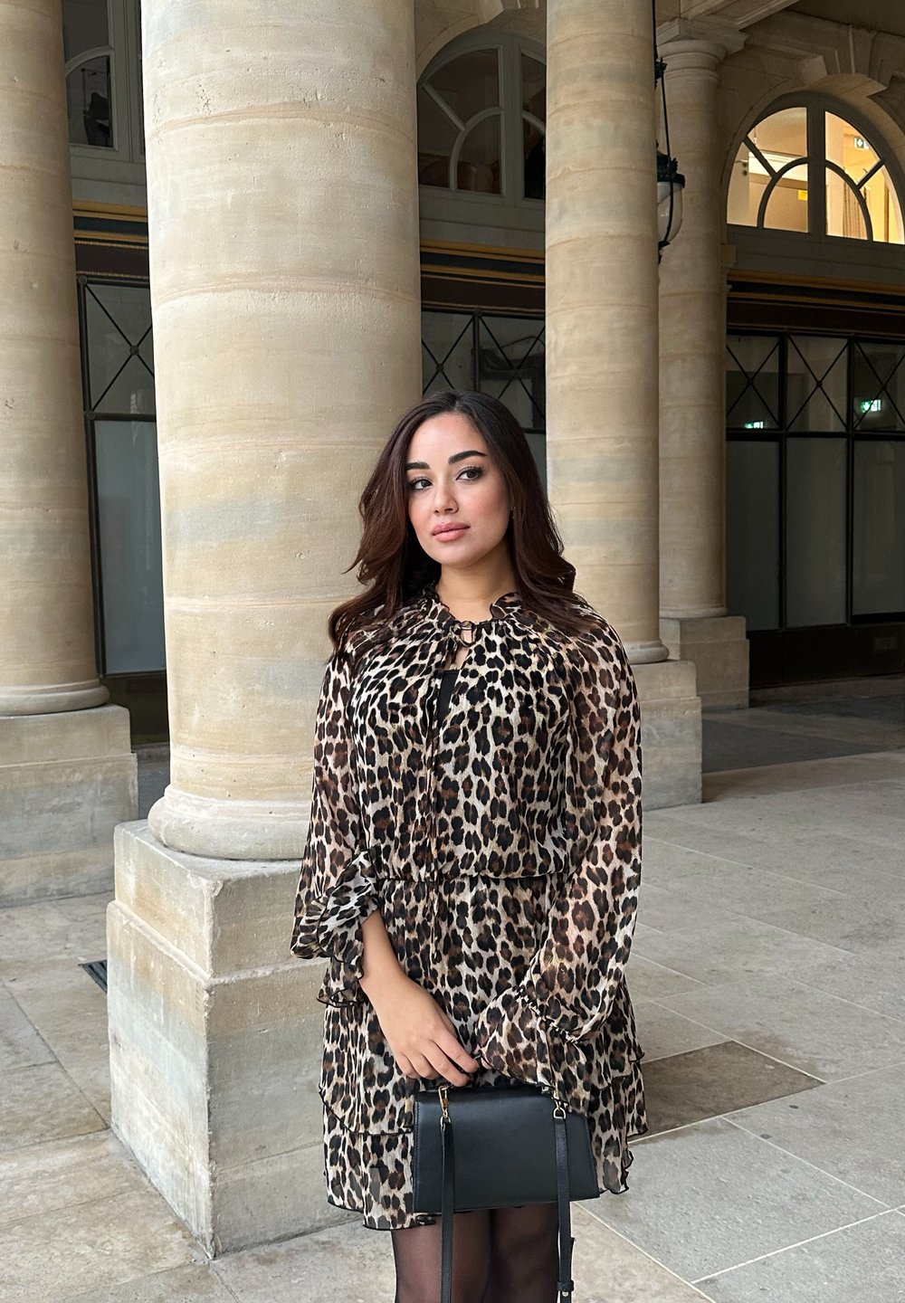 Φόρεμα με λεοπάρ σχέδιο και μακριά, ρέοντα μανίκια με ρυάκι. Μαύρη τσάντα χειρός με χρυσές λεπτομέρειες. Λείος υφασμάτινος τύπος, σχεδίαση με στρώσεις.