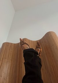 Čevlji z ozkimi sprednjimi deli z rjavim vzorcem živalskega tiska. Črne hlače, tetovaža vidna na gležnju. Leseno ozadje z valovitim dizajnom.