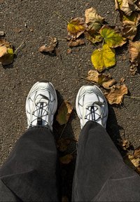 Chaussures de sport blanches avec accents noirs et texture en mesh, vues d'en haut, reposant sur une surface pavée parsemée de feuilles d'automne.