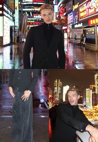 Giacca nera con zip sopra una maglia aderente, abbinata a pantaloni larghi scuri a gamba larga. Ambientazione serale urbana con luci al neon riflesse sul marciapiede bagnato.