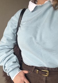 Hele sinine dressipluus soonikkoes mansettidega, kantud valge kraega särgi kohal. Pruunid püksid kuldse pandlaga vööl. Tekstuuriga pruun kott.