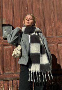 Pelēka šalle ar melnbaltu pārbaudes rakstu, ar franjām malās. Valkāta kopā ar gaiši pelēku jaku, gaiši zilu augšu un krēmkrāsas plecu soma.