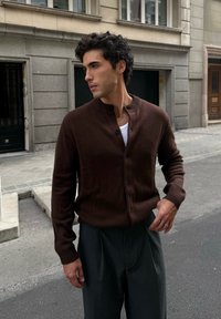 Bruine gebreide cardigan met een ronde halslijn, gefronteerde knopen en geribde manchetten, gecombineerd met grijze geplooide broeken. Klassieke stedelijke achtergrond.