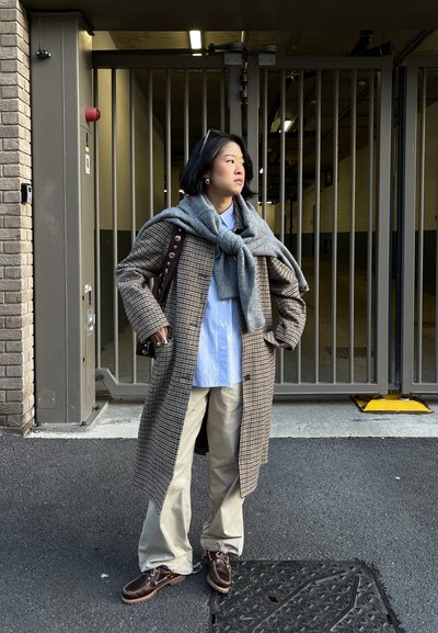 Joven de pie con las manos en los bolsillos, llevando un abrigo a cuadros, camisa azul, pantalones beige, suéter gris atado alrededor de los hombros, gafas de sol sobre la cabeza.