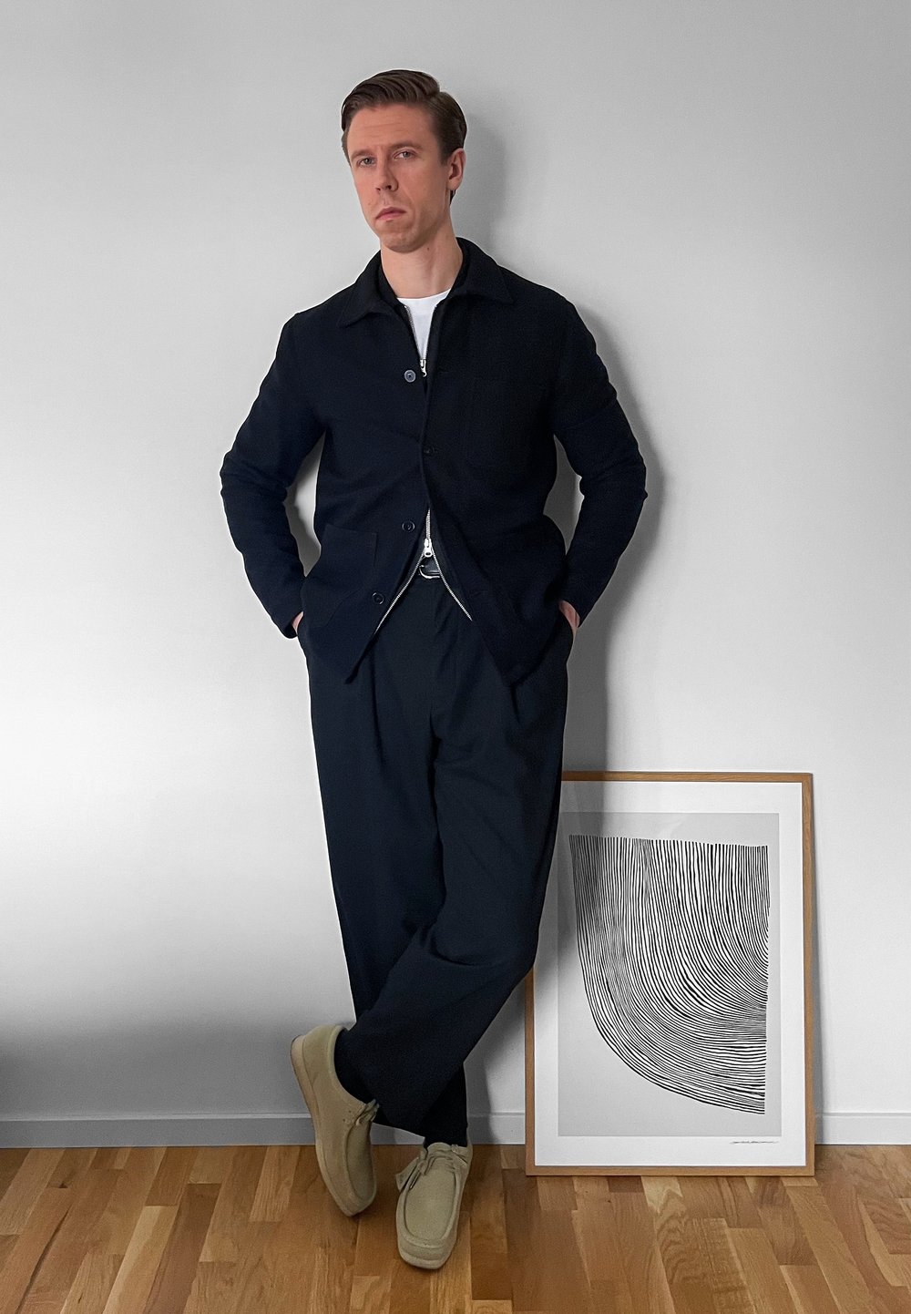 Veste bleu marine à boutons portée sur une chemise blanche, pantalon noir et chaussures beige ; appuyé contre un mur avec une œuvre d'art abstraite encadrée.