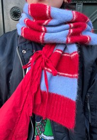 Personne portant une écharpe rayée rouge et bleu clair en tissu duveteux sur une veste noire et une sangle de sac rouge, debout devant une porte vert foncé.