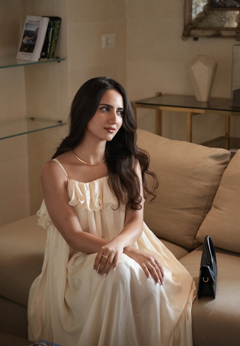 Femme aux longs cheveux foncés portant une robe crème à volants, assise sur un canapé beige à côté d'un sac à main noir dans une pièce doucement éclairée.
