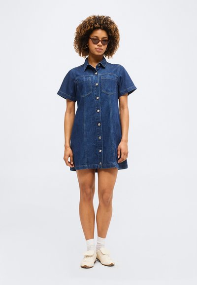 arwen denim mini dress blue Navy Blue Strapless Long Sleeves Lace Prom Dresses with High Slit, Nav –  Lwt Dress main image 0