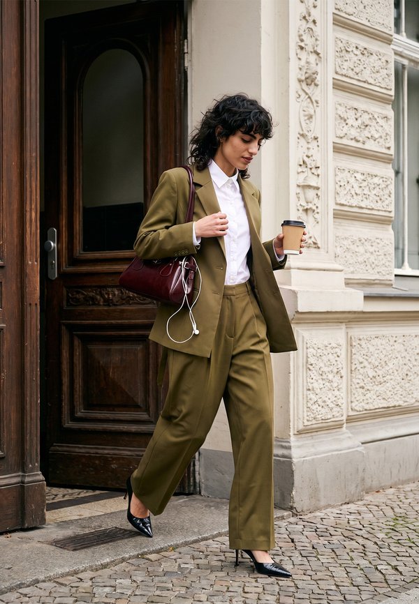 Femme en costume vert olive et talons noirs marchant dans une rue pavée, tenant une tasse de café et portant un sac à main bordeaux avec des écouteurs.