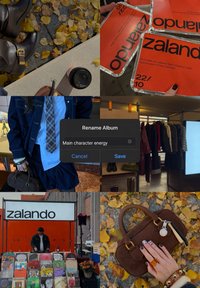 Collage di varie scene: stivaletti marroni alla caviglia, materiali promozionali arancioni di Zalando, outfit in denim, borsa marrone, foglie d'autunno e dischi vintage.