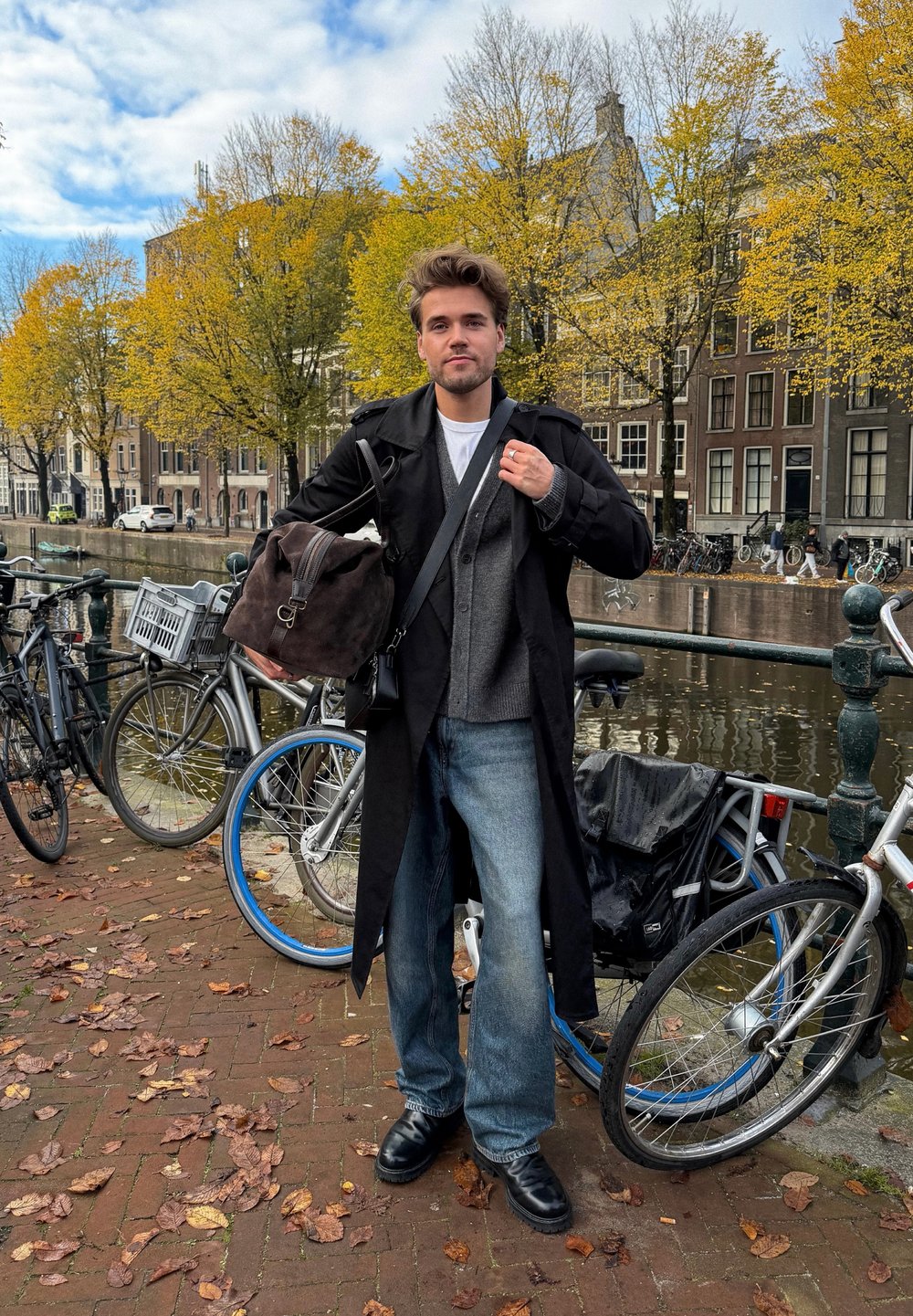 Svart trenchcoat över en grå tröja, kombinerad med ljusblå jeans och svarta stövlar. Håller en brun väska. Cyklar och höstlöv i närheten.