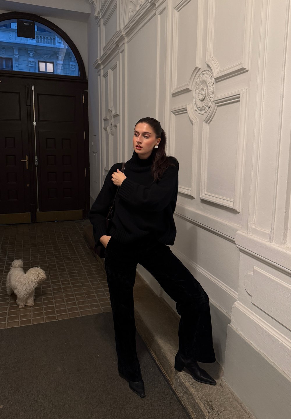 Mannequin en pull noir à col roulé surdimensionné et pantalon en velours noir, portant des bottes noires à talons. Un chiot de couleur claire se tient à proximité, devant un mur blanc.