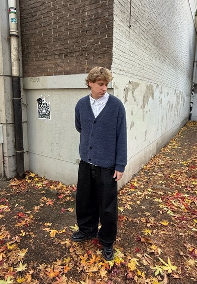 Cardigan de punto azul marino con botones en el frente, llevado sobre una camisa blanca con cuello. Pantalones negros holgados y zapatos negros. Las hojas de otoño cubren el suelo.