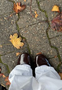 Cipele tamnocrne boje od patentirane kože sa zaobljenim vrhovima, nošene uz bijele hlače, položene na putu od kaldrme s razbacanim jesenskim lišćem.