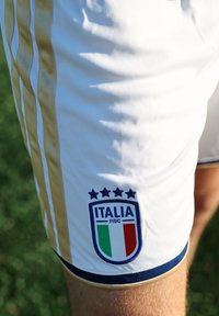 Λευκό σορτς αθλητικών με χρυσές ρίγες και το έμβλημα της FIGC της Ιταλίας με τέσσερα αστέρια και την ιταλική σημαία στο μηρό ενός ατόμου.