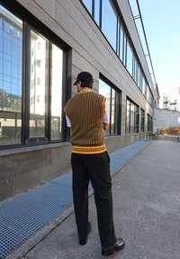 Brown and yellow striped knitted vest, white shirt underneath, black trousers and shoes; standing near large windows of a modern building.