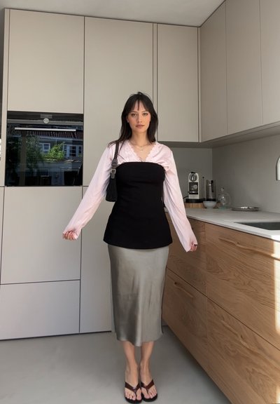 Top negro sin tirantes sobre una blusa de manga larga color rosa claro, combinada con una falda de satén plateada y sandalias marrones. Ambientación en una cocina moderna.