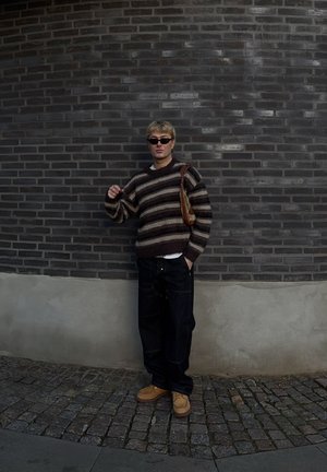 Suéter de lana a rayas en tonos marrón, crema y oscuros, combinado con vaqueros oscuros y zapatos color canela. Los accesorios incluyen gafas de sol y un bolso marrón.