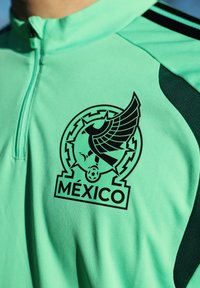 Maillot de sport vert avec un logo stylisé d'aigle noir au-dessus d'un ballon de football et le mot « MÉXICO » en dessous sur la poitrine.