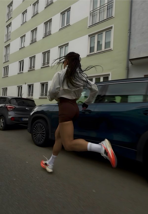 Γυναίκα με μακριά μαλλιά τρέχει πέρα από σταθμευμένα αυτοκίνητα σε έναν αστικό δρόμο δίπλα σε μια πολυώροφη κατοικία.