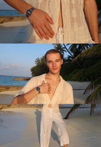 Light beige crocheted shirt with a deep V-neck, paired with white linen trousers. A silver digital watch is worn on the left wrist.