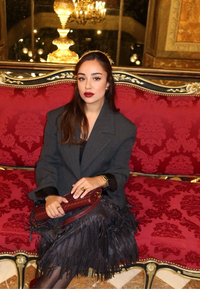 Mujer sentada en un sofá de terciopelo rojo. Lleva un blazer gris de gran tamaño, falda negra con flecos y sostiene un bolso granate. Se observan detalles en dorado.