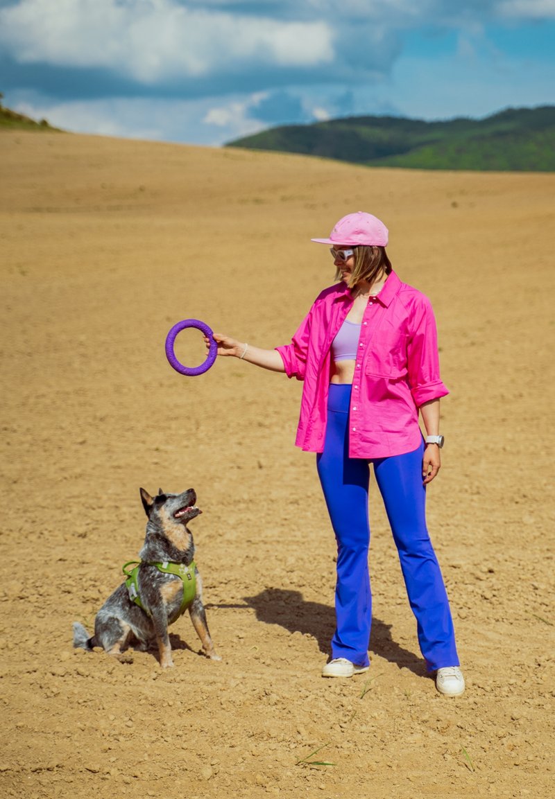 Femme vêtue d'une tenue rose vif et bleue tient un jouet anneau violet tandis qu'un chien assis portant un harnais vert regarde attentivement vers le haut sur un sol sablonneux.