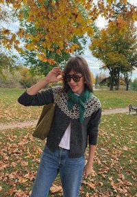 Cardigan grigio con motivi bianchi e neri, sciarpa verde, camicia bianca e jeans blu. Tiene una borsa verde oliva contro uno sfondo autunnale.