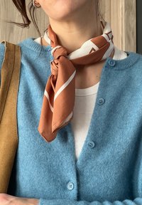 Ανοιχτό μπλε cardigan με τρία κουμπιά, λευκό ραμμένο τοπ από κάτω και πορτοκαλί μεταξωτό μαντίλι δεμένο γύρω από τον λαιμό με λευκά σχέδια.