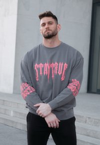 Šedá mikina s ružovým grafickým nápisom "STAY TRUE" na prednej strane a rukávoch. Vyrobená z textilu, má voľný strih a okrúhly výstrih.