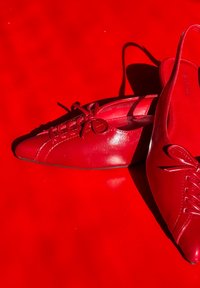 Sapatos slingback de couro vermelho com biqueira apontada, detalhes de atacadores e uma textura suave, em fundo vermelho correspondente.