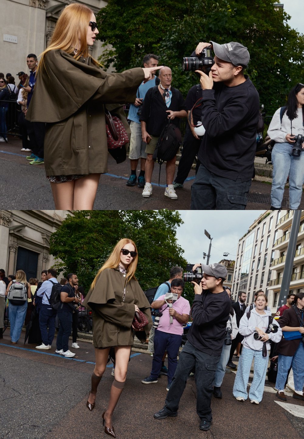 Modell iklädd en olivgrön oversized cape-kappa över en mönstrad klänning, bruna strumpor som går upp till låren och klackskor. Stora solglasögon och en handväska.