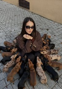 Taxar i olika färger (svart, brun, fläckig) omger en sittande figur i en brun kappa. Grå kullerstensbakgrund, inga ytterligare detaljer.