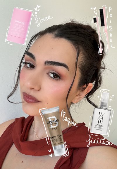 Mujer con cabello oscuro estilizado y maquillaje natural, con productos y herramientas para el cabello ilustrados flotando alrededor de su rostro y hombros.