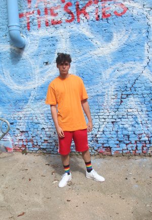 Camiseta naranja, pantalones cortos rojos con rayas blancas, calcetines de arcoíris y zapatillas blancas. El fondo presenta una pared de ladrillos azules con graffiti.